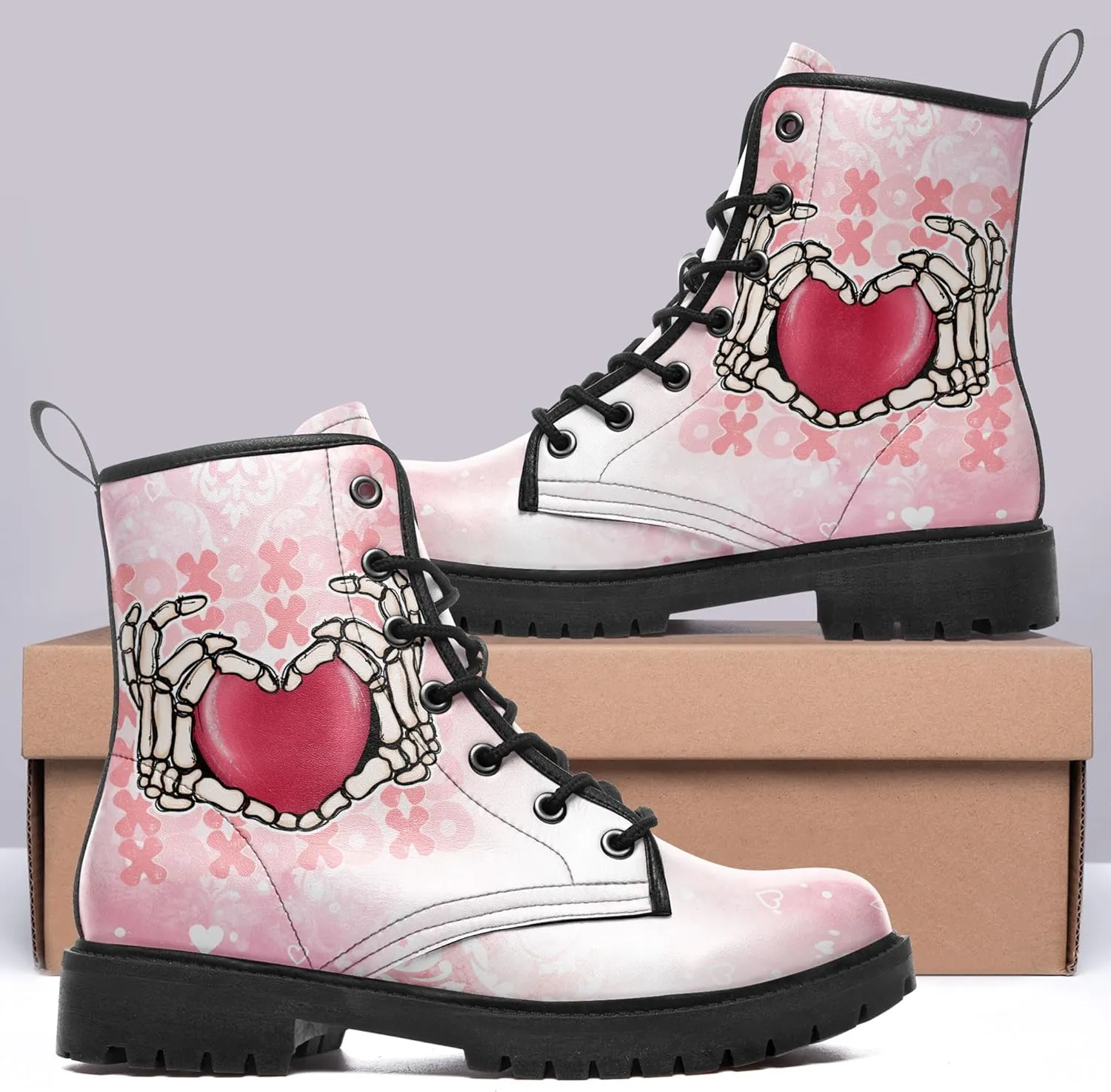 Gothic Heart & Rose Combat Boots – Vintage Lace-Up Leather Ankle Boots for Women, Stylish Anti-Slip Casual Footwear