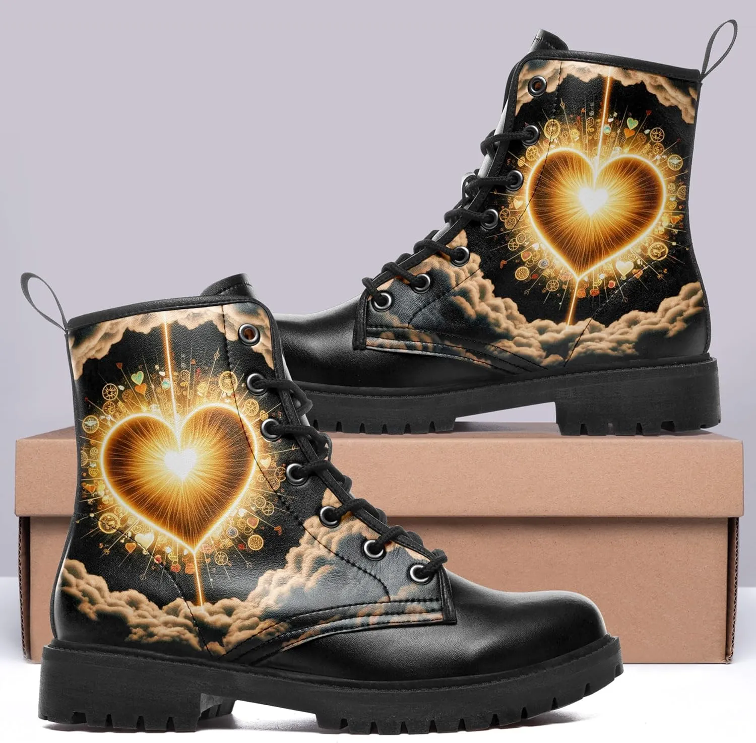 Gothic Heart & Rose Combat Boots – Vintage Lace-Up Leather Ankle Boots for Women, Stylish Anti-Slip Casual Footwear