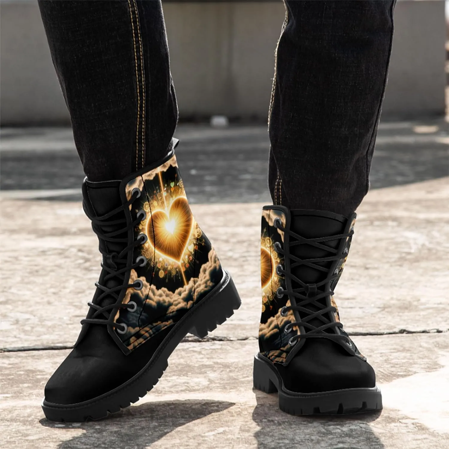 Gothic Heart & Rose Combat Boots – Vintage Lace-Up Leather Ankle Boots for Women, Stylish Anti-Slip Casual Footwear