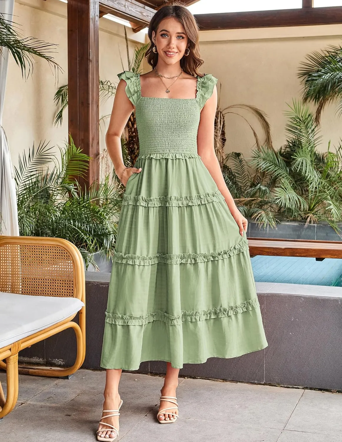GRACE KARIN 2025 Womens Summer Beach Dress Square Neck Casual A-Line Maxi Sundress with Pocket