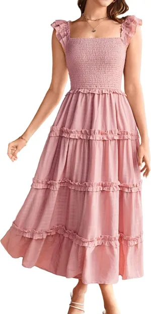 GRACE KARIN 2025 Womens Summer Beach Dress Square Neck Casual A-Line Maxi Sundress with Pocket