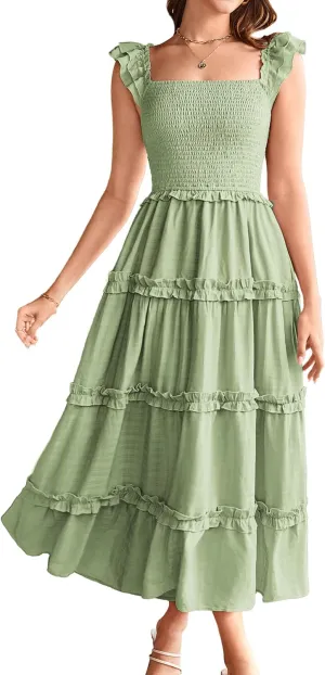 GRACE KARIN 2025 Womens Summer Beach Dress Square Neck Casual A-Line Maxi Sundress with Pocket
