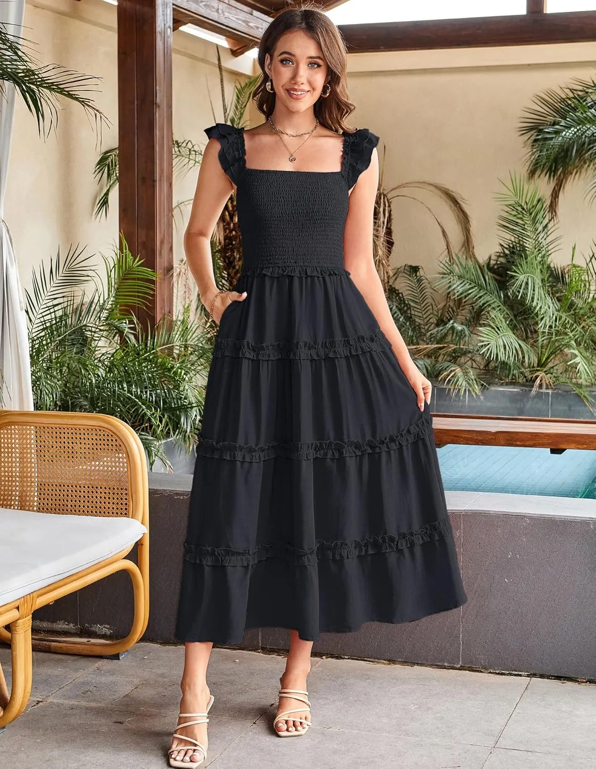 GRACE KARIN 2025 Womens Summer Beach Dress Square Neck Casual A-Line Maxi Sundress with Pocket