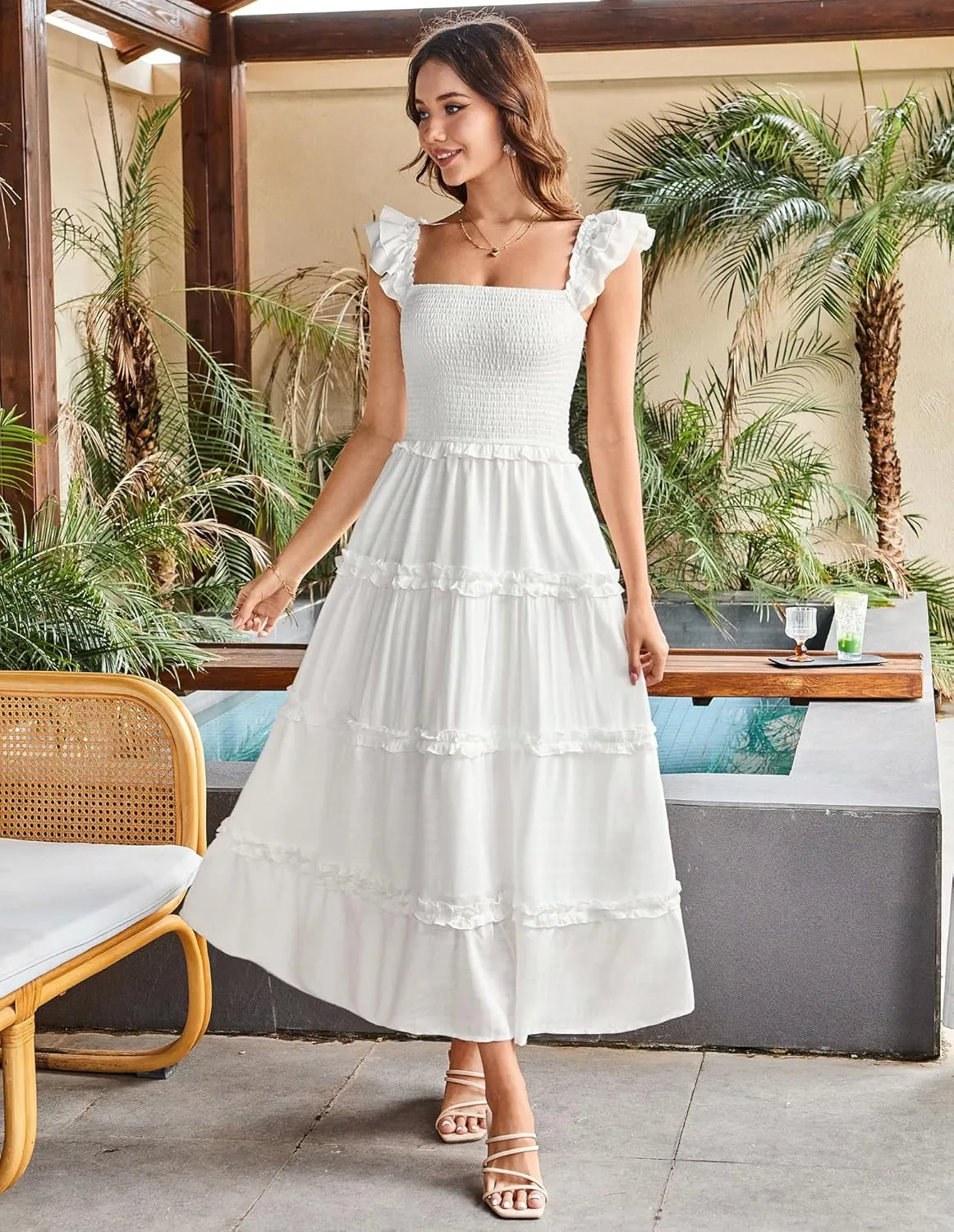 GRACE KARIN 2025 Womens Summer Beach Dress Square Neck Casual A-Line Maxi Sundress with Pocket