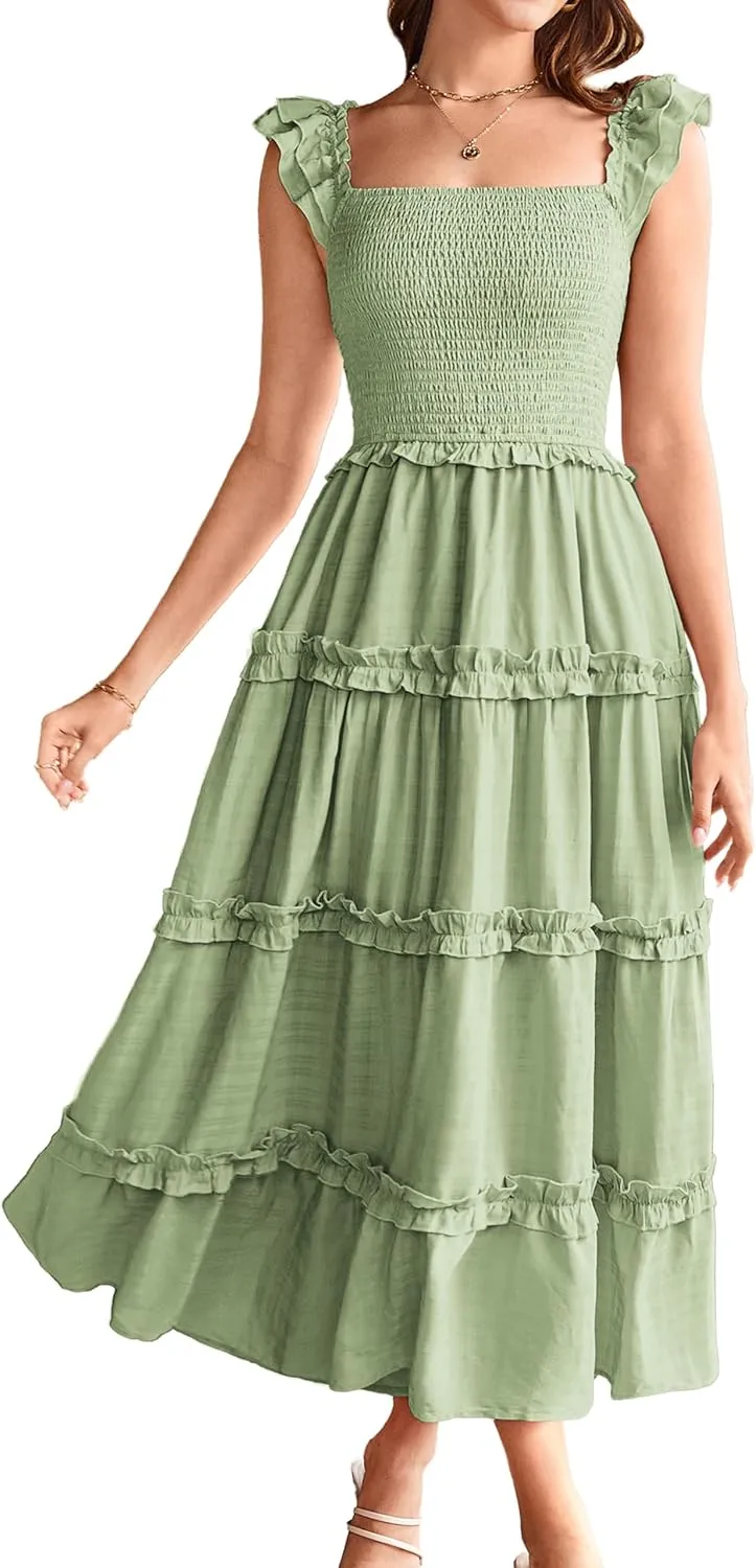 GRACE KARIN 2025 Womens Summer Beach Dress Square Neck Casual A-Line Maxi Sundress with Pocket