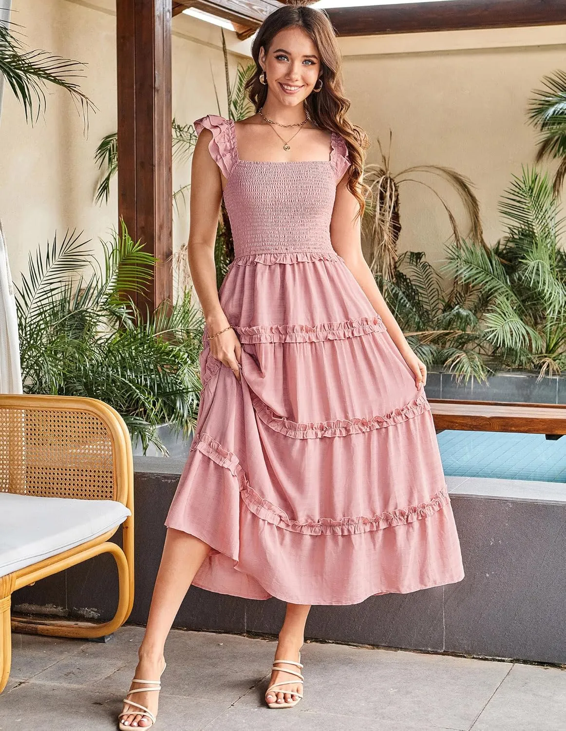 GRACE KARIN 2025 Womens Summer Beach Dress Square Neck Casual A-Line Maxi Sundress with Pocket