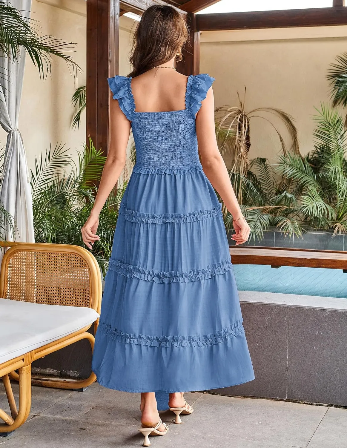 GRACE KARIN 2025 Womens Summer Beach Dress Square Neck Casual A-Line Maxi Sundress with Pocket