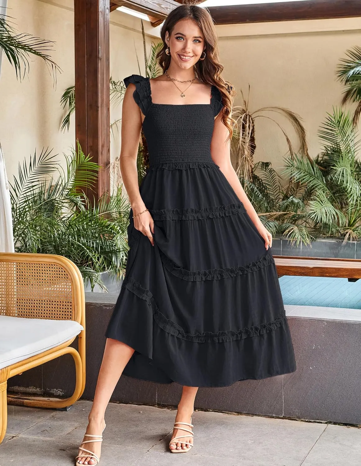GRACE KARIN 2025 Womens Summer Beach Dress Square Neck Casual A-Line Maxi Sundress with Pocket