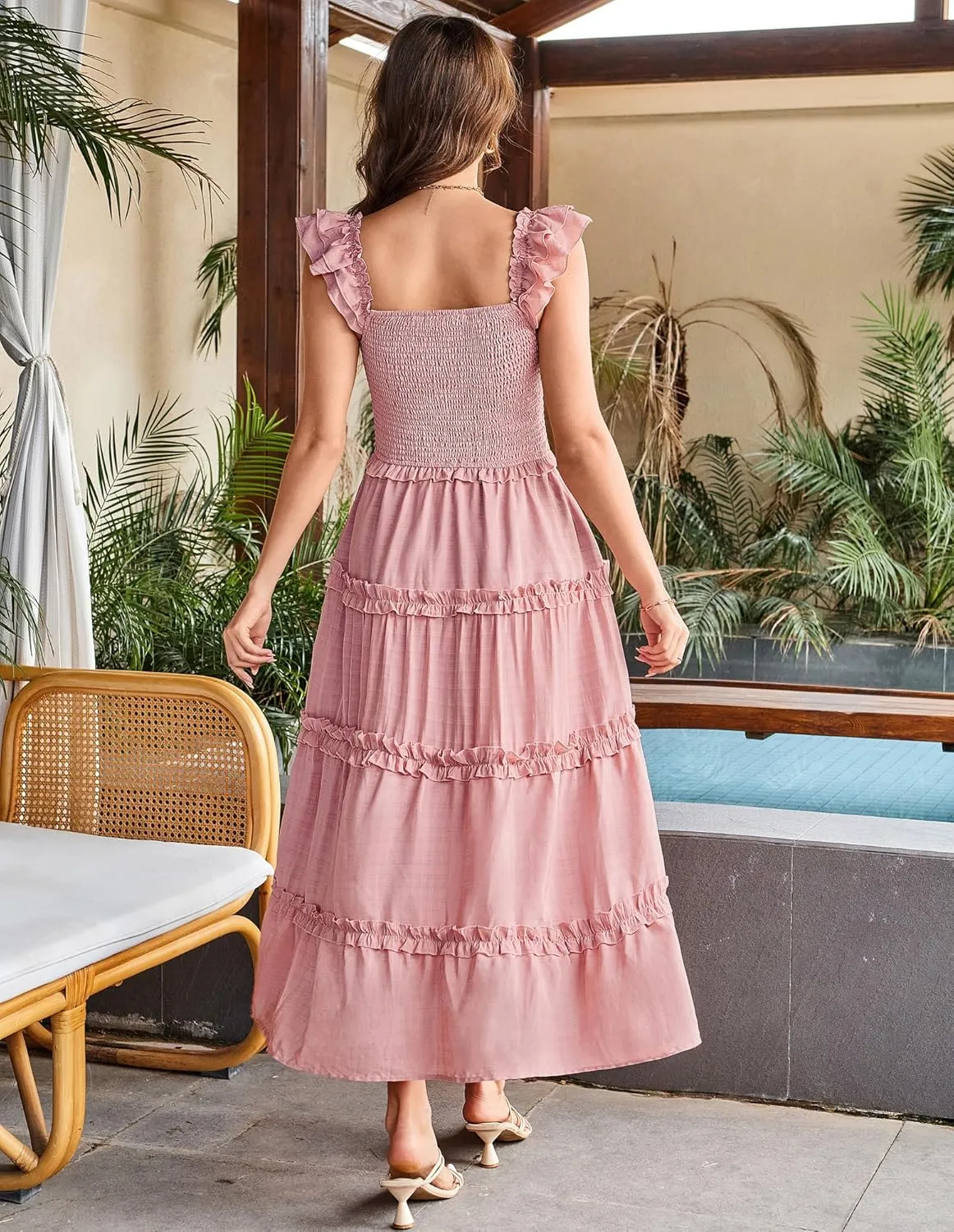 GRACE KARIN 2025 Womens Summer Beach Dress Square Neck Casual A-Line Maxi Sundress with Pocket