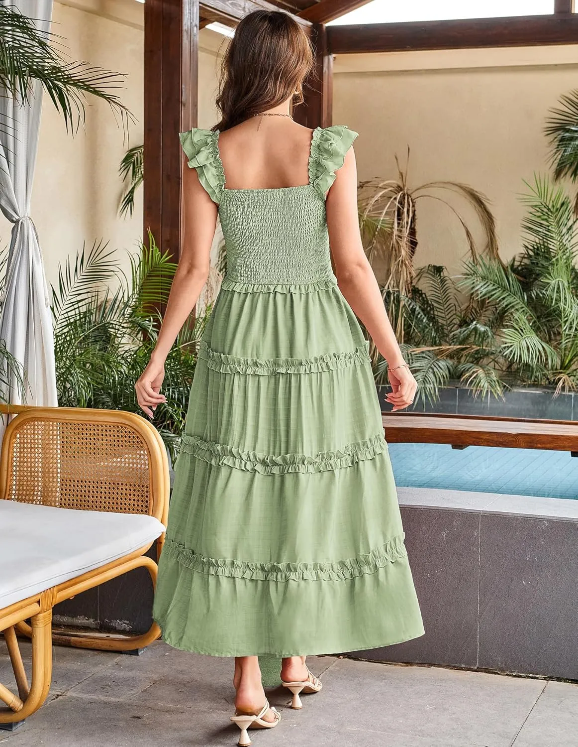GRACE KARIN 2025 Womens Summer Beach Dress Square Neck Casual A-Line Maxi Sundress with Pocket