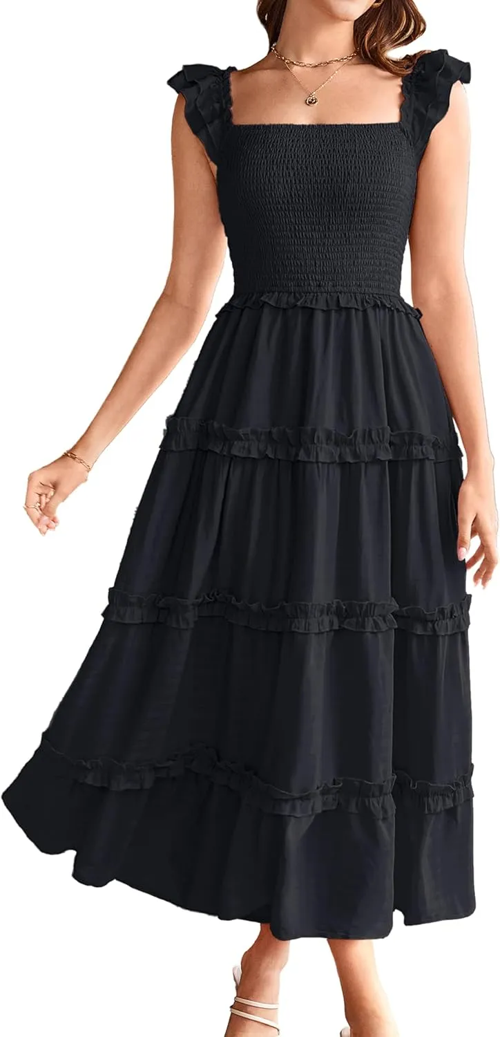 GRACE KARIN 2025 Womens Summer Beach Dress Square Neck Casual A-Line Maxi Sundress with Pocket