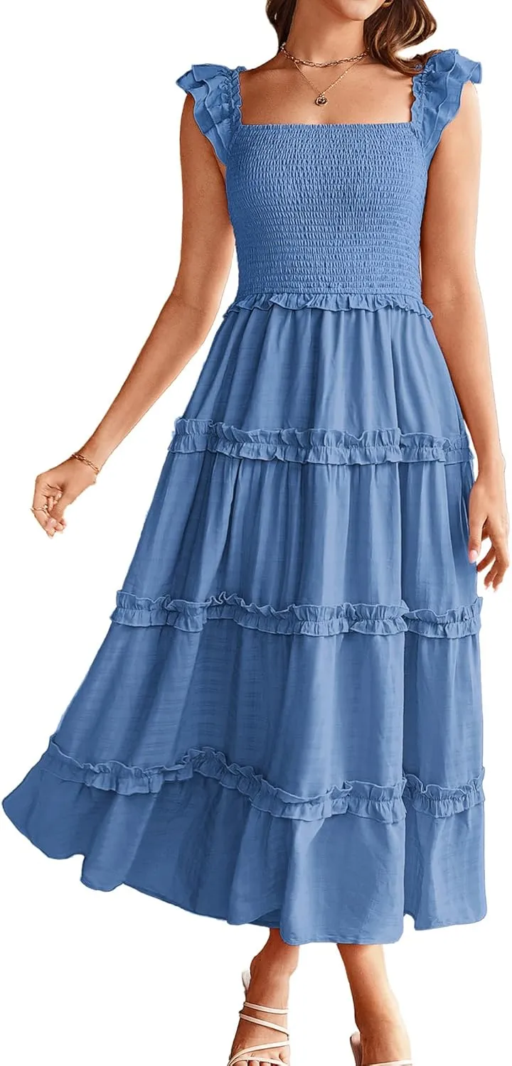 GRACE KARIN 2025 Womens Summer Beach Dress Square Neck Casual A-Line Maxi Sundress with Pocket