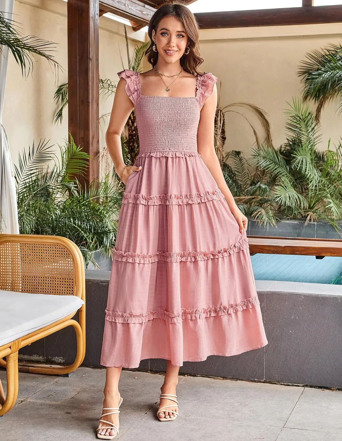 GRACE KARIN 2025 Womens Summer Beach Dress Square Neck Casual A-Line Maxi Sundress with Pocket