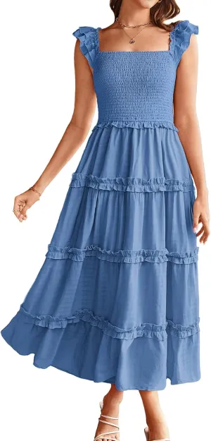 GRACE KARIN 2025 Womens Summer Beach Dress Square Neck Casual A-Line Maxi Sundress with Pocket