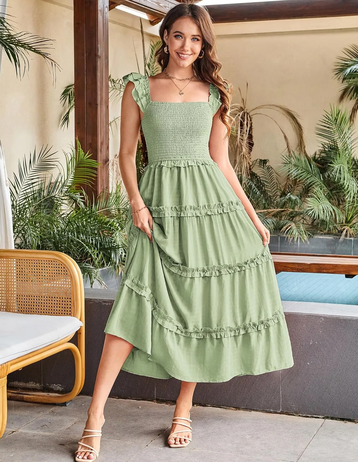 GRACE KARIN 2025 Womens Summer Beach Dress Square Neck Casual A-Line Maxi Sundress with Pocket
