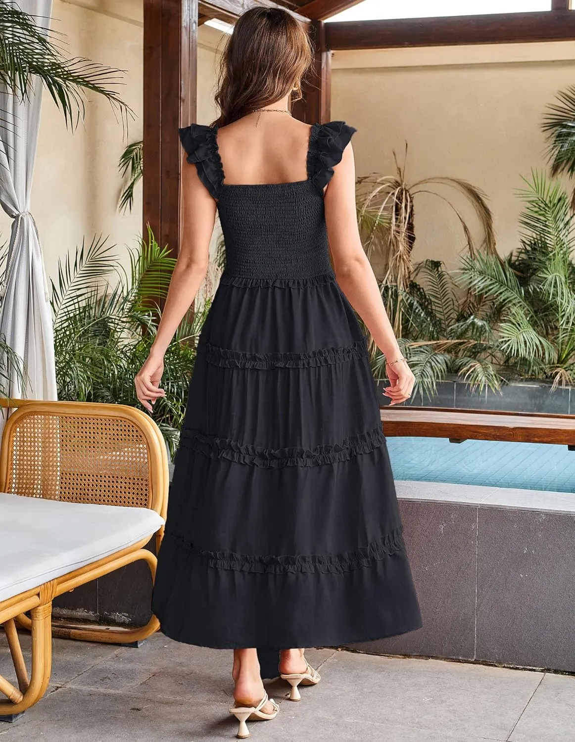 GRACE KARIN 2025 Womens Summer Beach Dress Square Neck Casual A-Line Maxi Sundress with Pocket