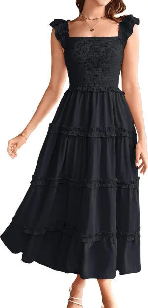 GRACE KARIN 2025 Womens Summer Beach Dress Square Neck Casual A-Line Maxi Sundress with Pocket
