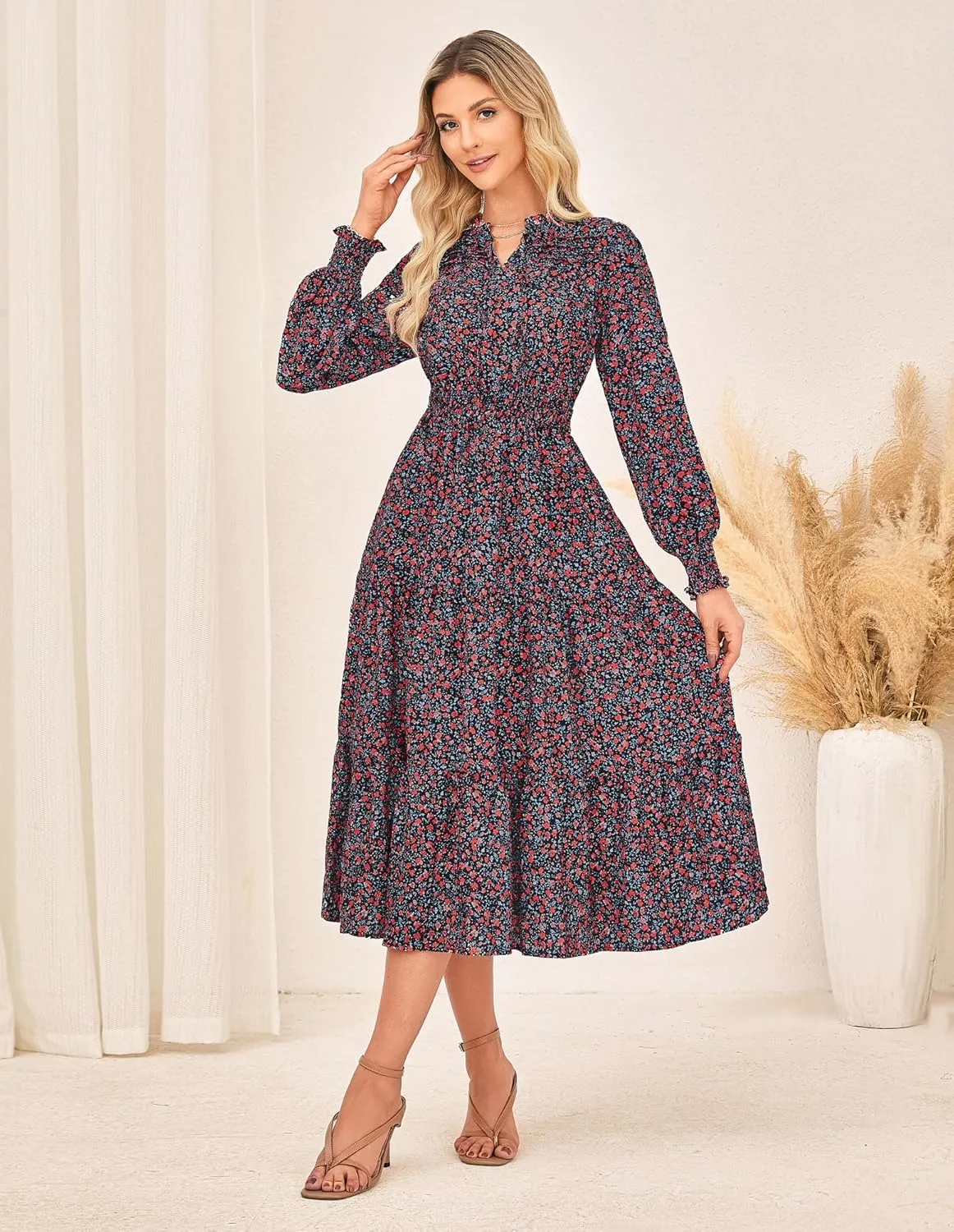GRACE KARIN 2025 Women's Summer Floral Midi Dress Boho Long Sleeve V Neck Ruffle Casual A Line Flowy Dresses with Pocket