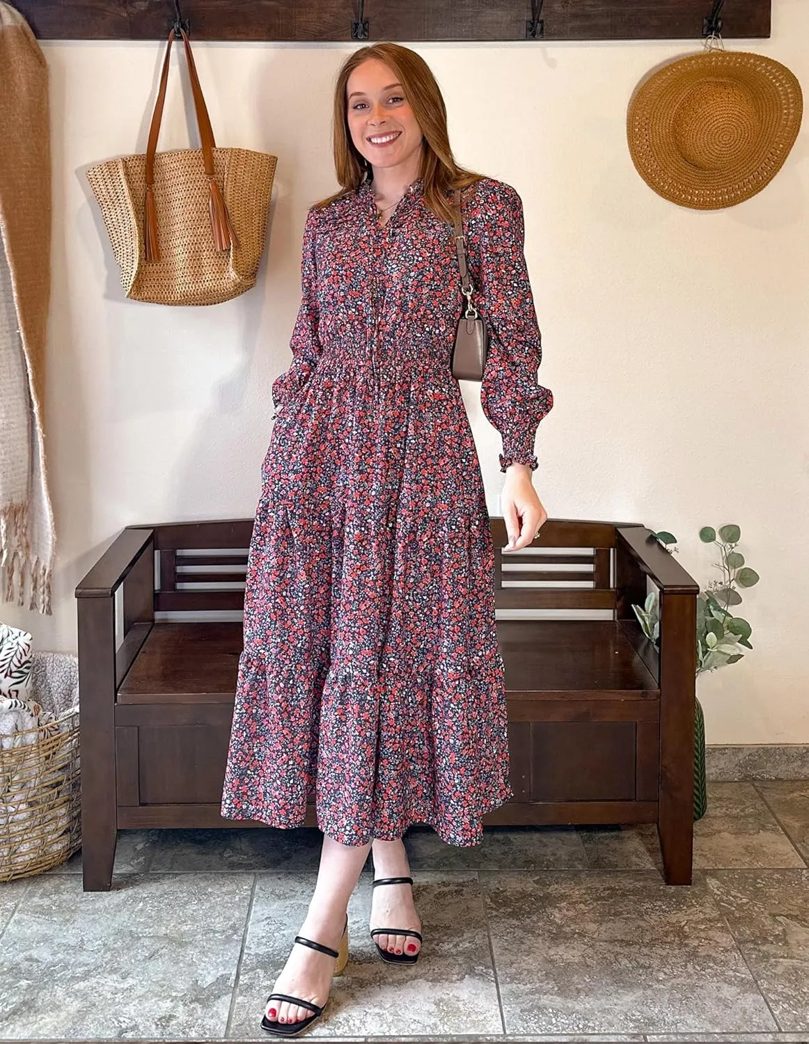 GRACE KARIN 2025 Women's Summer Floral Midi Dress Boho Long Sleeve V Neck Ruffle Casual A Line Flowy Dresses with Pocket