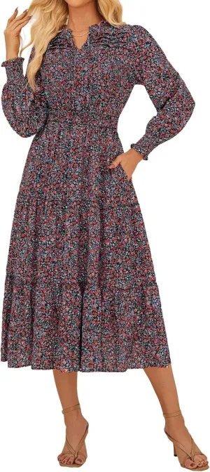 GRACE KARIN 2025 Women's Summer Floral Midi Dress Boho Long Sleeve V Neck Ruffle Casual A Line Flowy Dresses with Pocket
