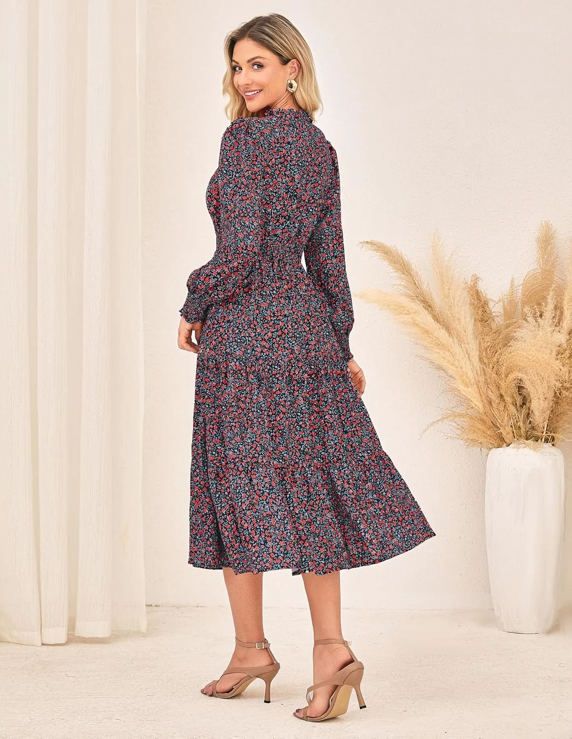 GRACE KARIN 2025 Women's Summer Floral Midi Dress Boho Long Sleeve V Neck Ruffle Casual A Line Flowy Dresses with Pocket