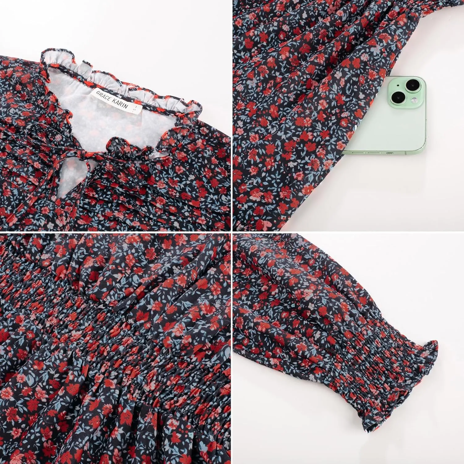 GRACE KARIN 2025 Women's Summer Floral Midi Dress Boho Long Sleeve V Neck Ruffle Casual A Line Flowy Dresses with Pocket