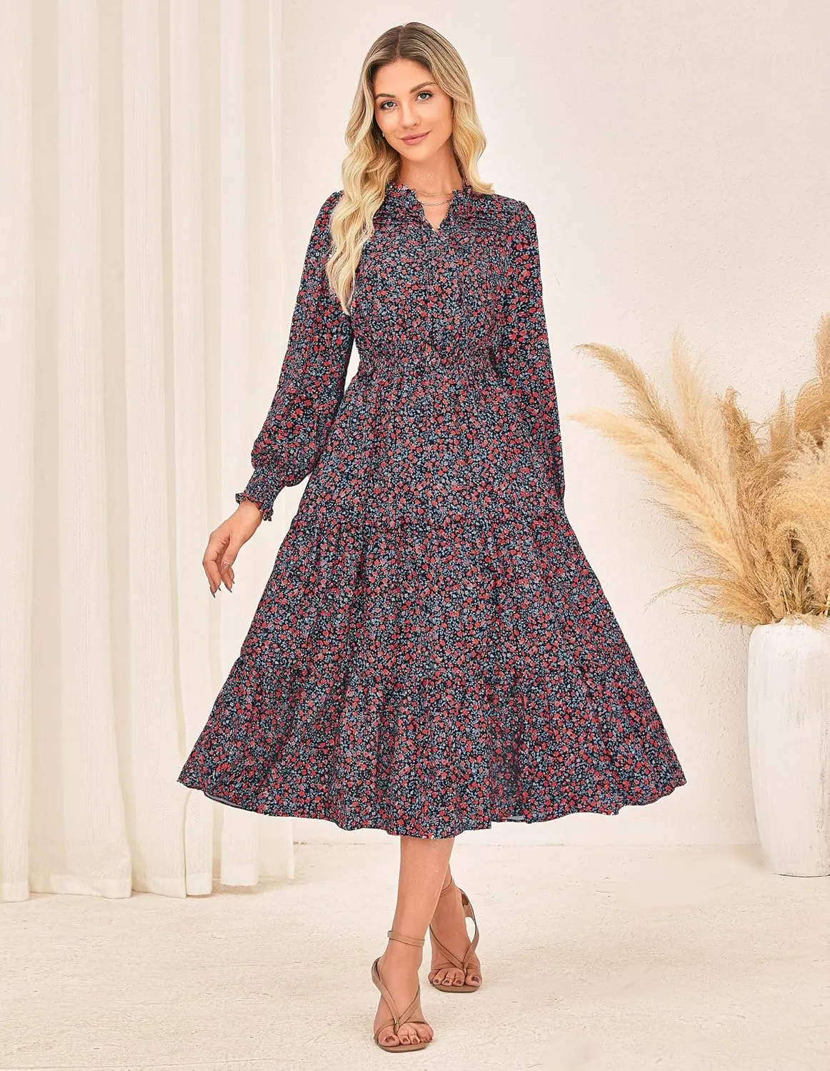 GRACE KARIN 2025 Women's Summer Floral Midi Dress Boho Long Sleeve V Neck Ruffle Casual A Line Flowy Dresses with Pocket