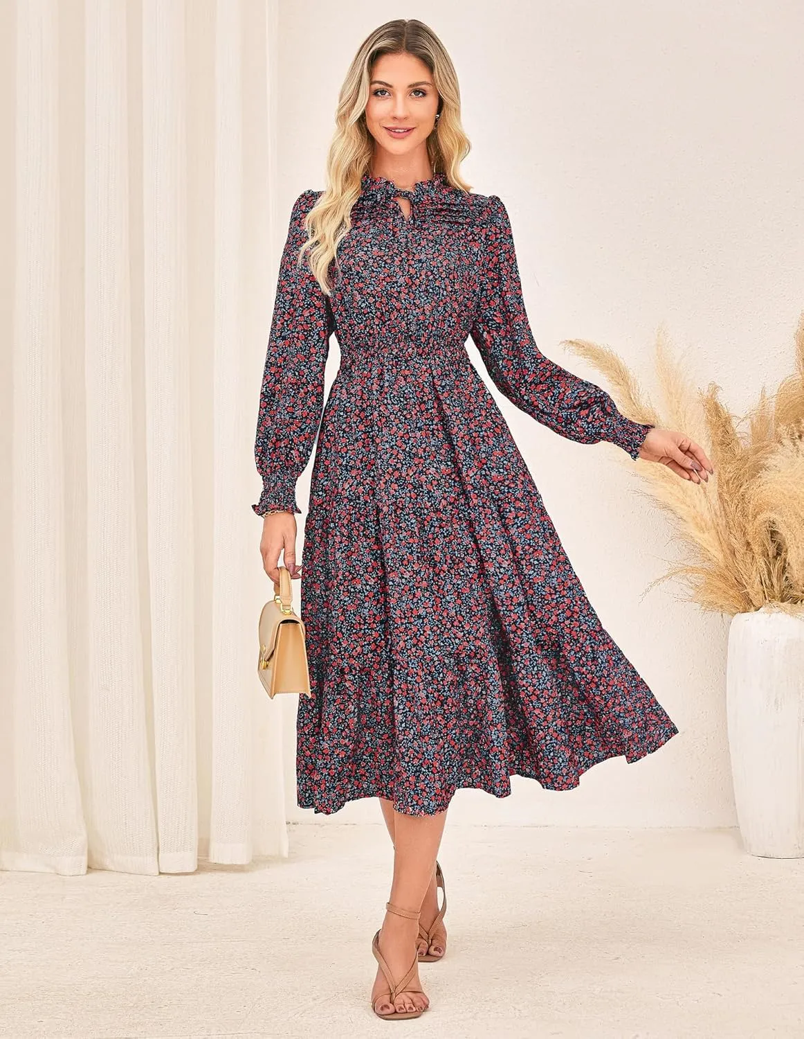 GRACE KARIN 2025 Women's Summer Floral Midi Dress Boho Long Sleeve V Neck Ruffle Casual A Line Flowy Dresses with Pocket