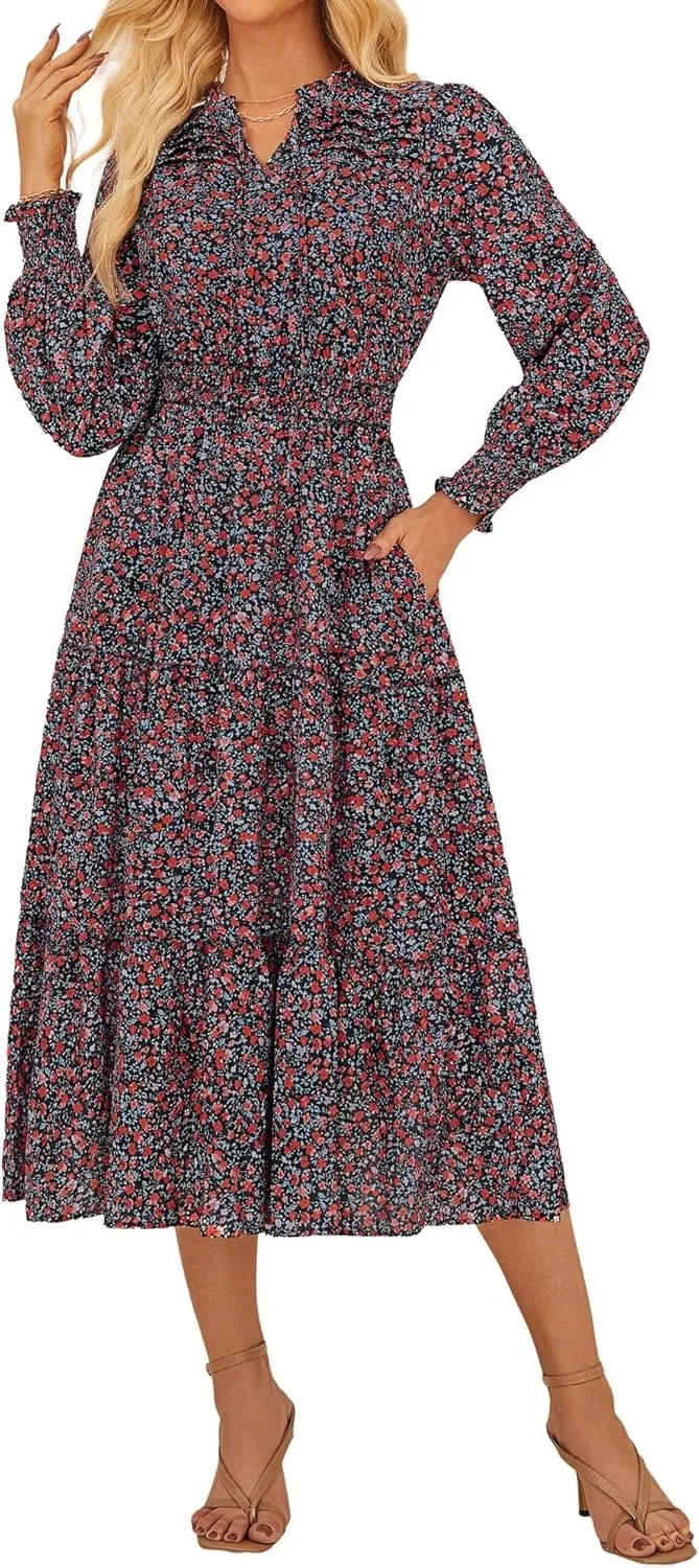 GRACE KARIN 2025 Women's Summer Floral Midi Dress Boho Long Sleeve V Neck Ruffle Casual A Line Flowy Dresses with Pocket