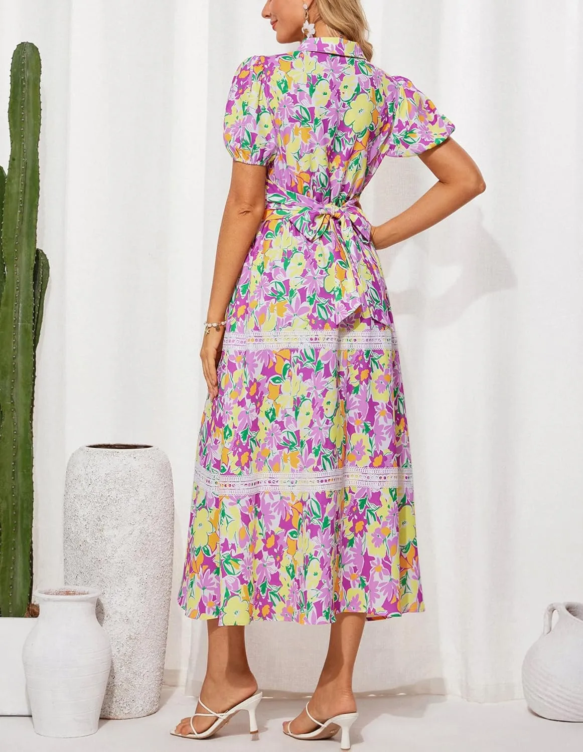 GRACE KARIN Women's 2025 Summer Floral Flowy Dresses Boho Tie Belt Short Puff Sleeve A Line Maxi Shirt Dress with Pocket
