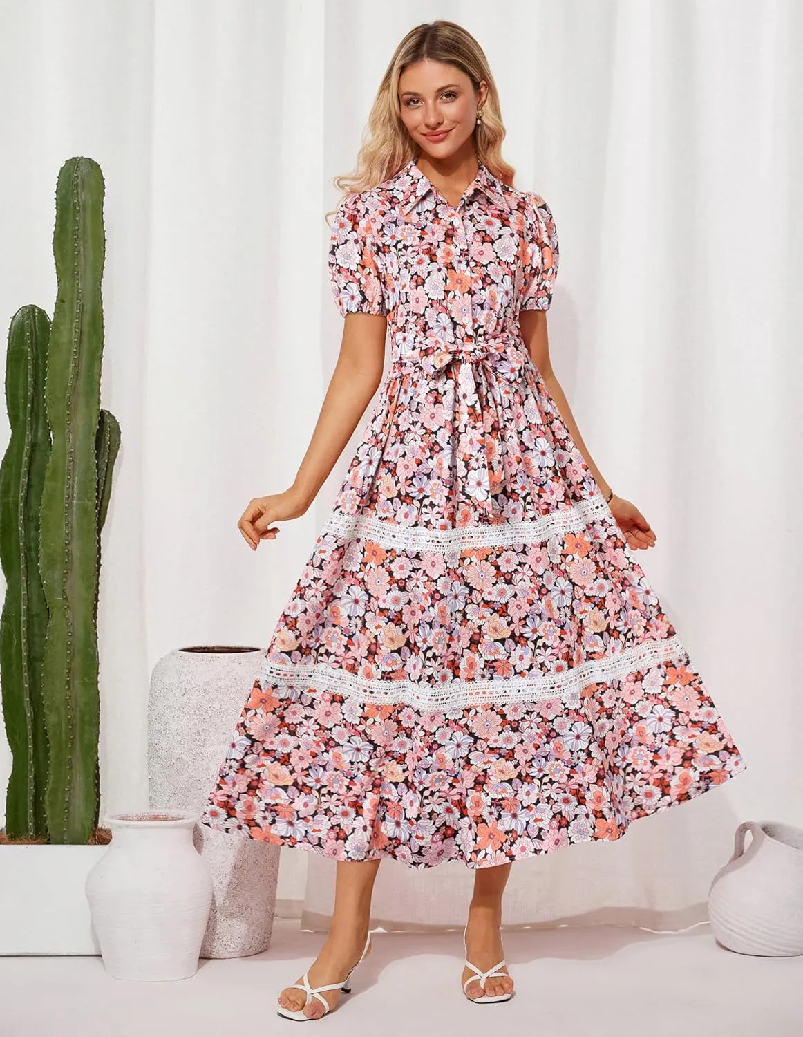 GRACE KARIN Women's 2025 Summer Floral Flowy Dresses Boho Tie Belt Short Puff Sleeve A Line Maxi Shirt Dress with Pocket