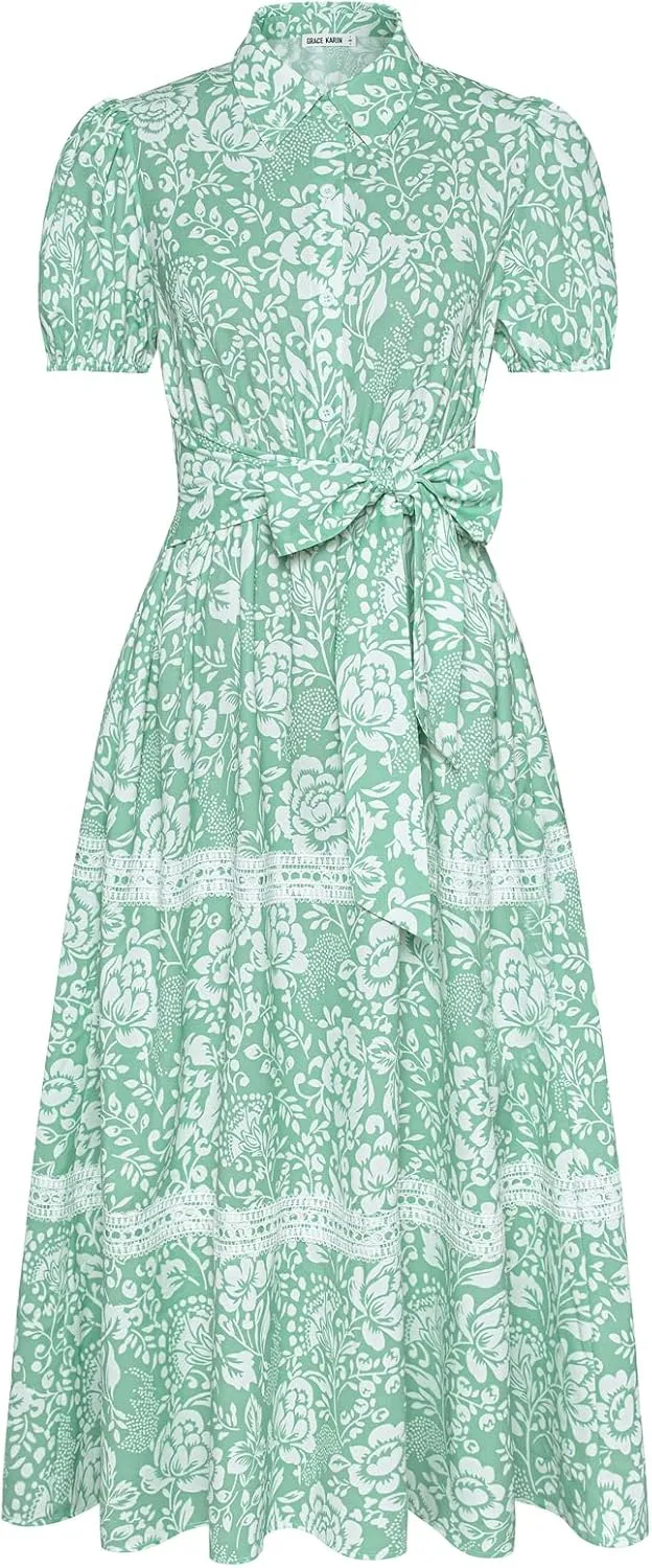GRACE KARIN Women's 2025 Summer Floral Flowy Dresses Boho Tie Belt Short Puff Sleeve A Line Maxi Shirt Dress with Pocket