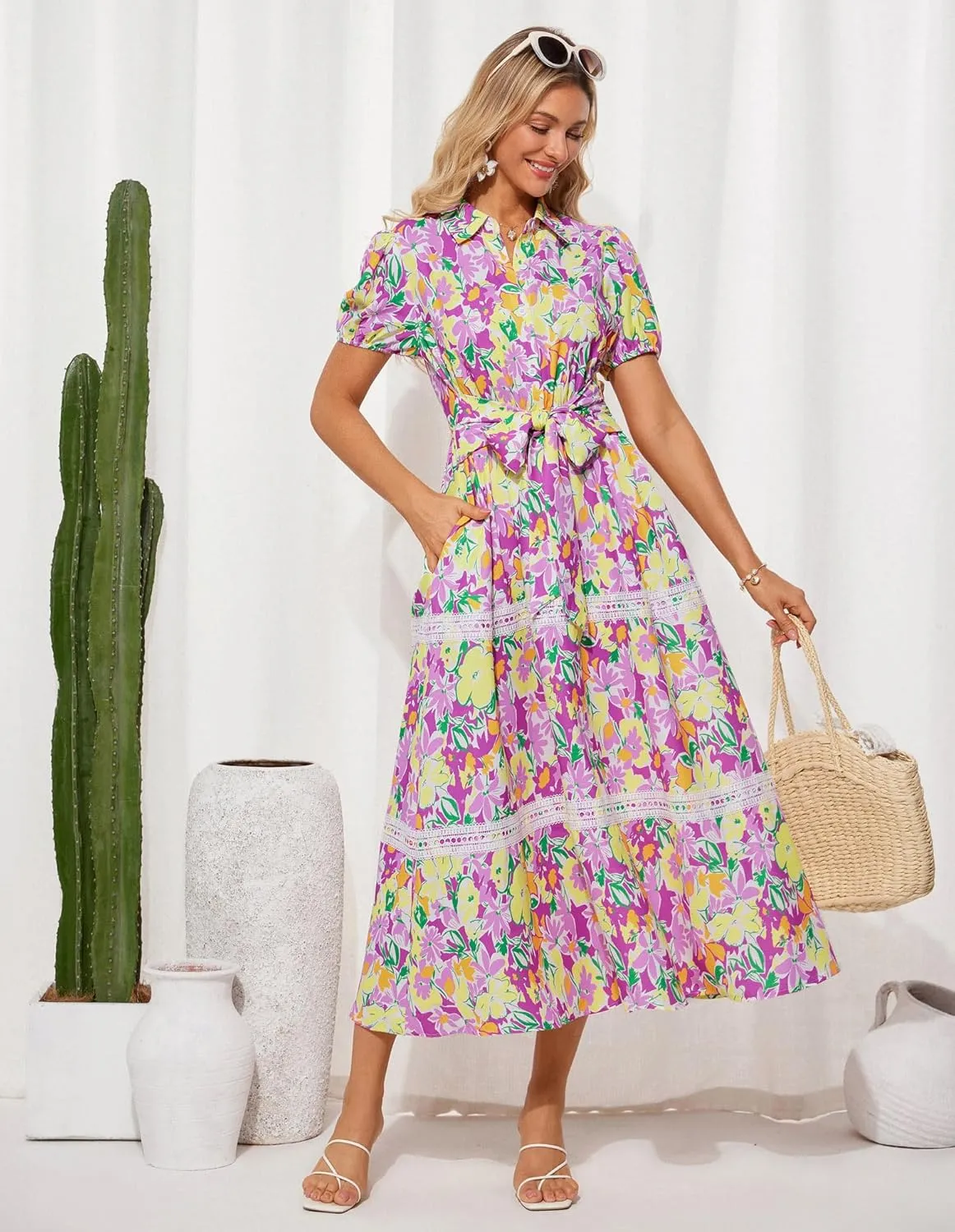 GRACE KARIN Women's 2025 Summer Floral Flowy Dresses Boho Tie Belt Short Puff Sleeve A Line Maxi Shirt Dress with Pocket