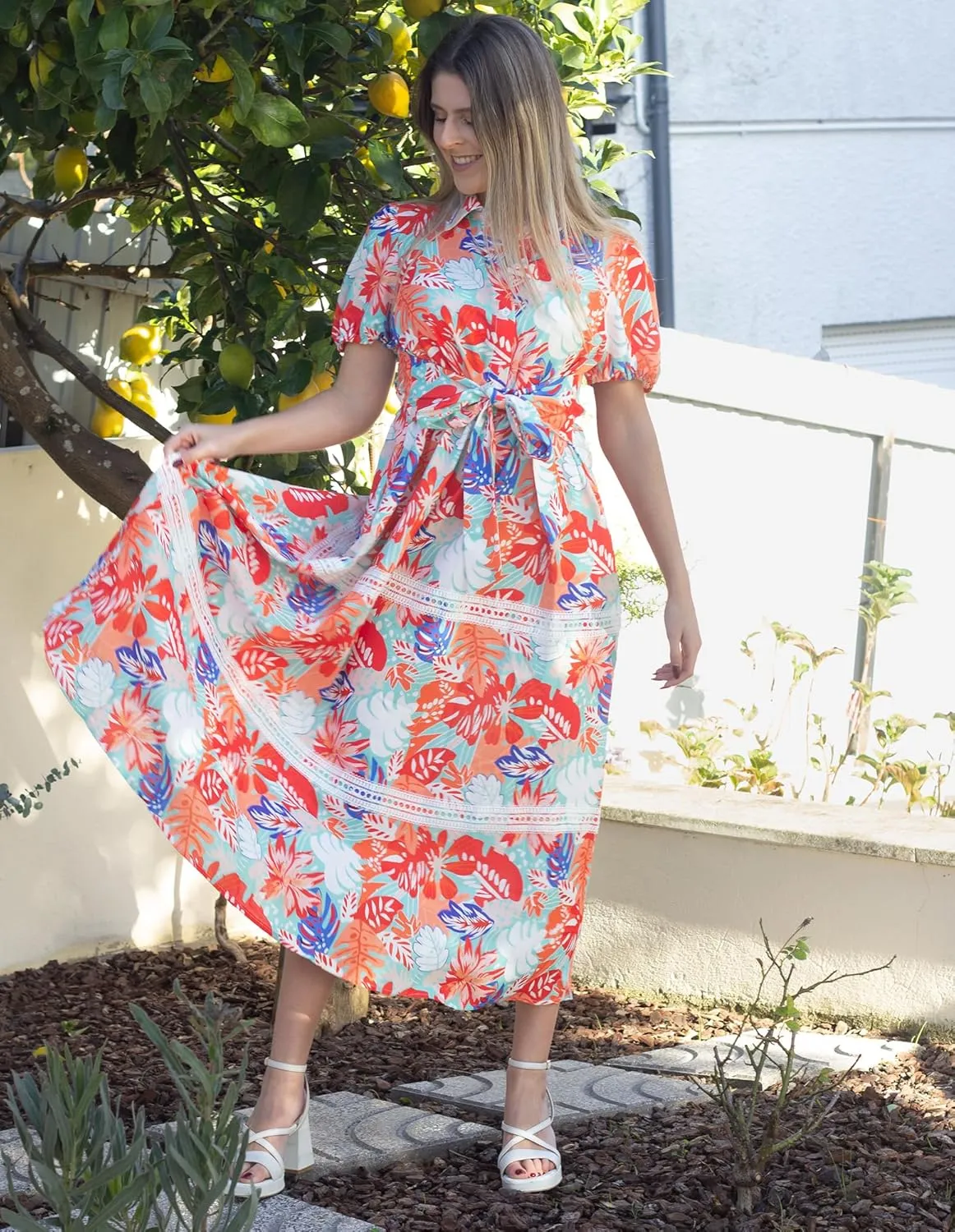 GRACE KARIN Women's 2025 Summer Floral Flowy Dresses Boho Tie Belt Short Puff Sleeve A Line Maxi Shirt Dress with Pocket