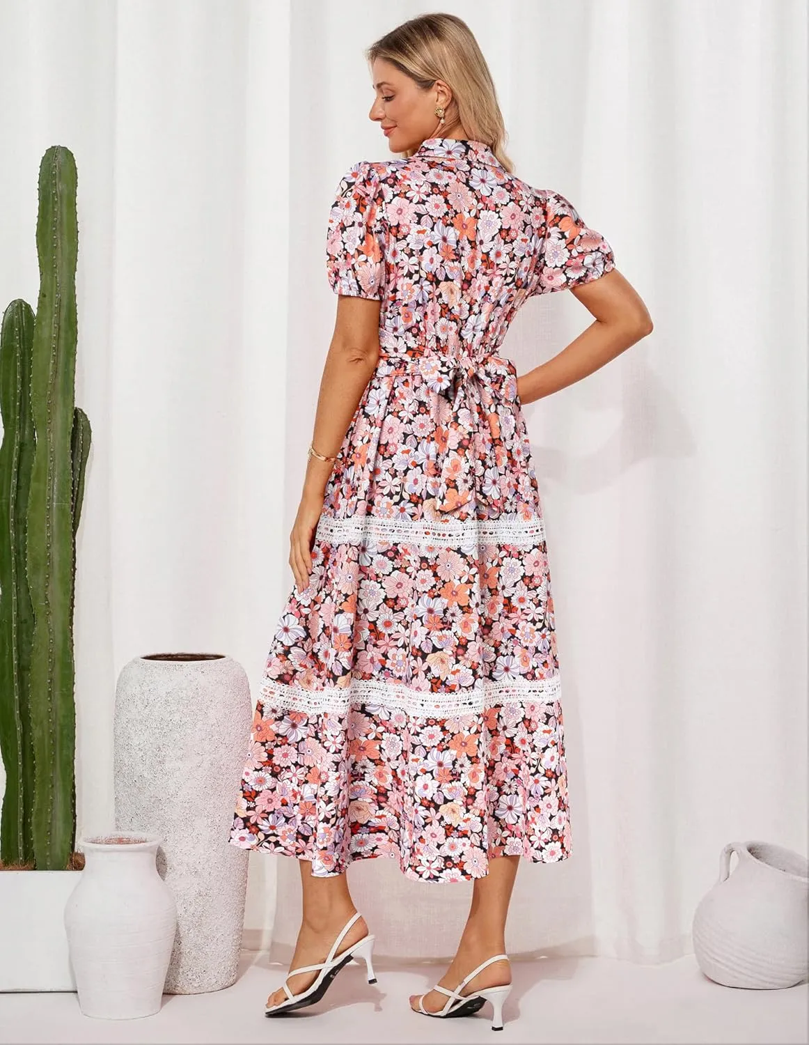GRACE KARIN Women's 2025 Summer Floral Flowy Dresses Boho Tie Belt Short Puff Sleeve A Line Maxi Shirt Dress with Pocket