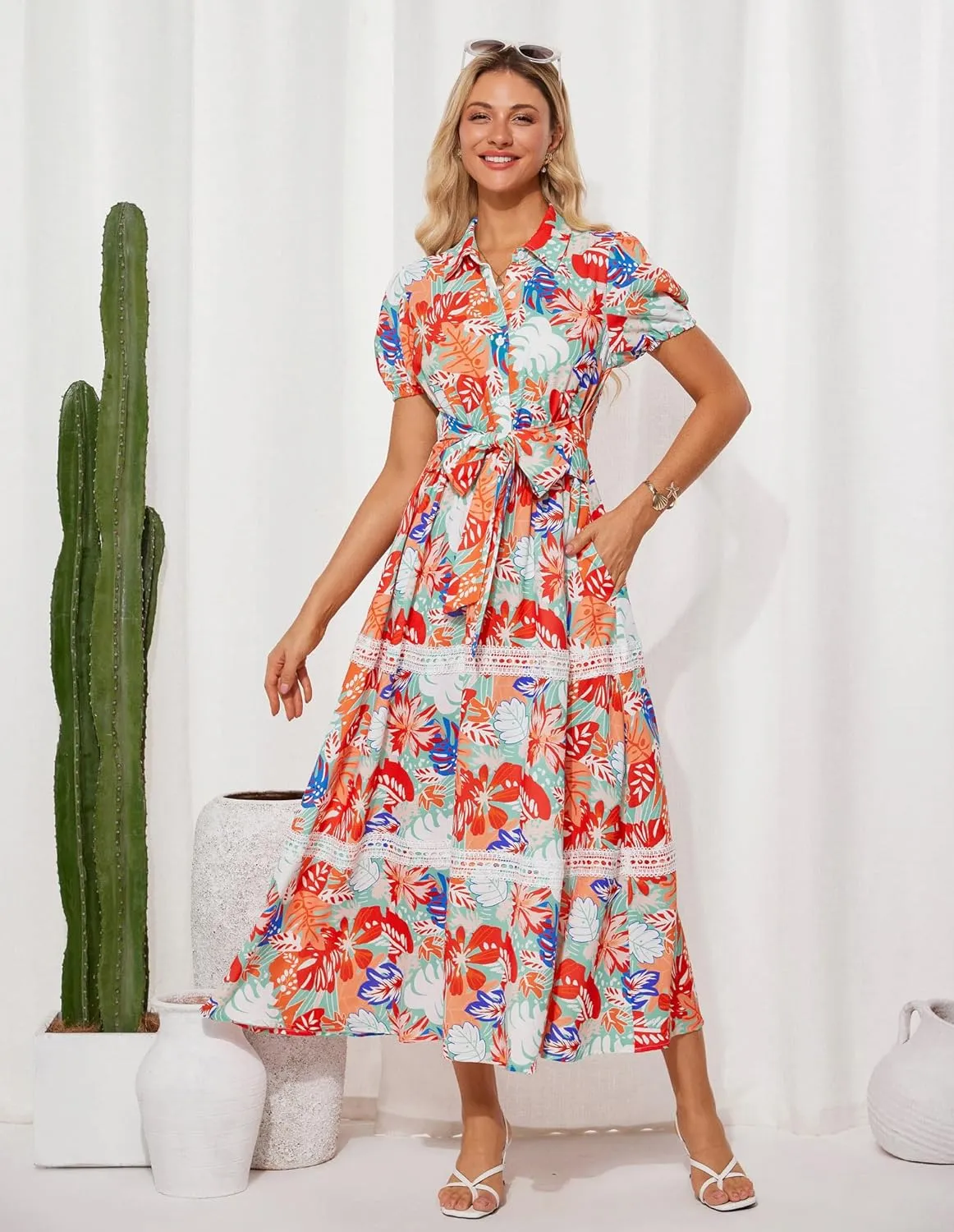 GRACE KARIN Women's 2025 Summer Floral Flowy Dresses Boho Tie Belt Short Puff Sleeve A Line Maxi Shirt Dress with Pocket