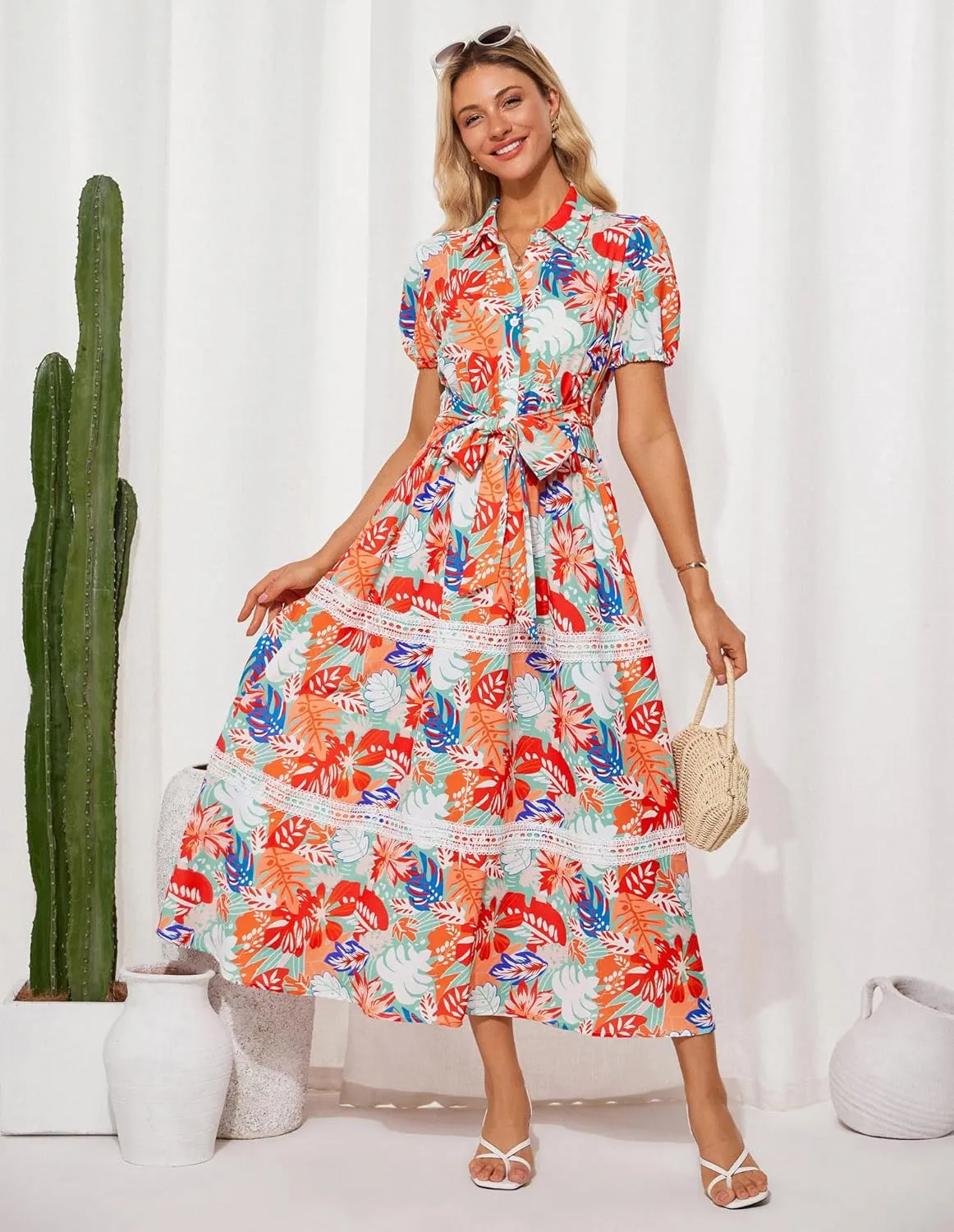 GRACE KARIN Women's 2025 Summer Floral Flowy Dresses Boho Tie Belt Short Puff Sleeve A Line Maxi Shirt Dress with Pocket