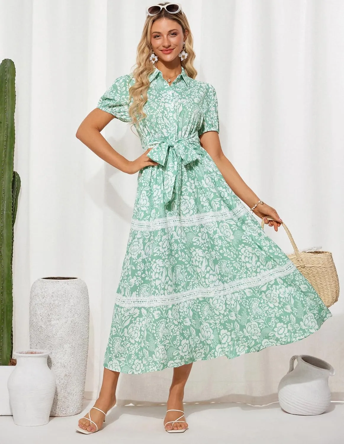 GRACE KARIN Women's 2025 Summer Floral Flowy Dresses Boho Tie Belt Short Puff Sleeve A Line Maxi Shirt Dress with Pocket