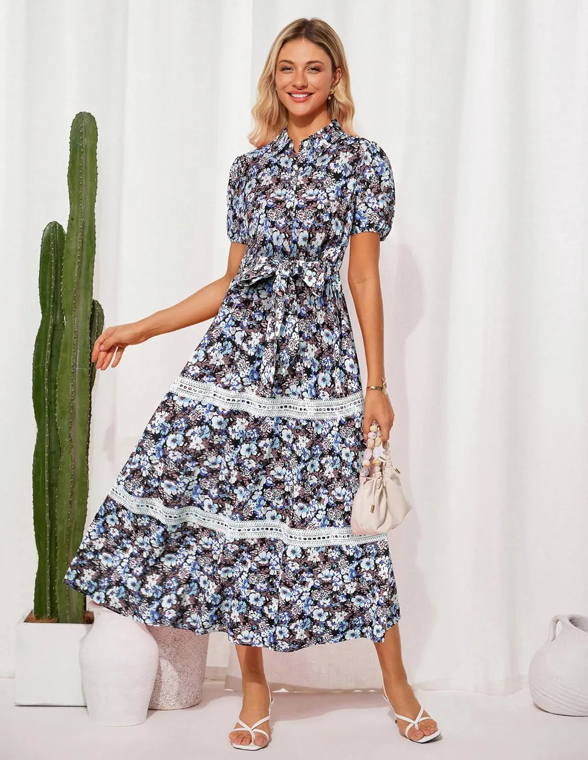 GRACE KARIN Women's 2025 Summer Floral Flowy Dresses Boho Tie Belt Short Puff Sleeve A Line Maxi Shirt Dress with Pocket