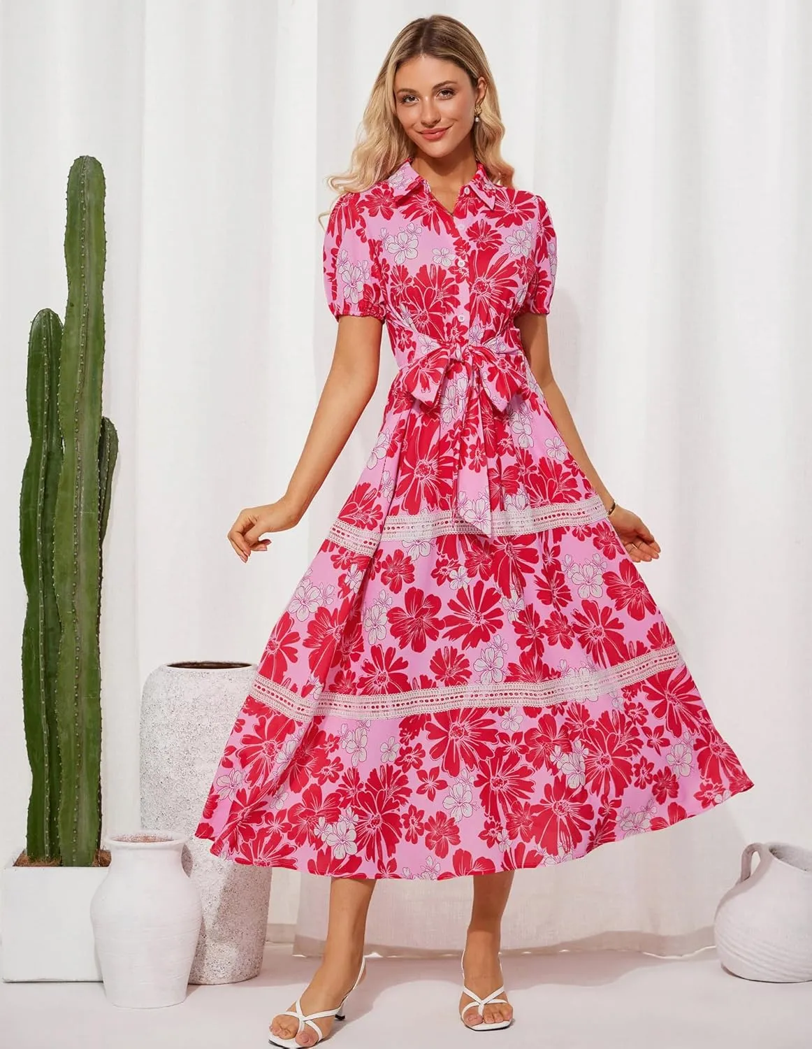 GRACE KARIN Women's 2025 Summer Floral Flowy Dresses Boho Tie Belt Short Puff Sleeve A Line Maxi Shirt Dress with Pocket
