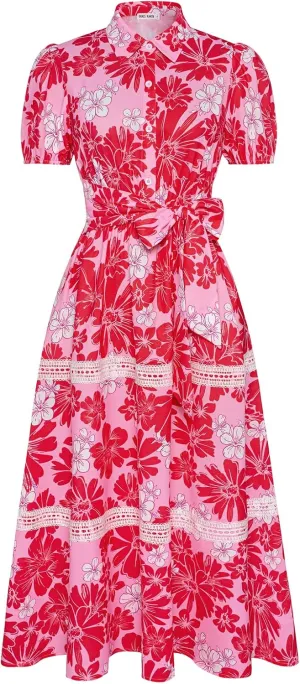 GRACE KARIN Women's 2025 Summer Floral Flowy Dresses Boho Tie Belt Short Puff Sleeve A Line Maxi Shirt Dress with Pocket