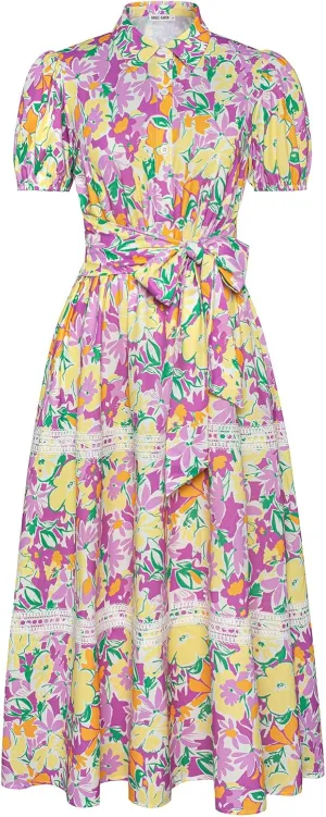 GRACE KARIN Women's 2025 Summer Floral Flowy Dresses Boho Tie Belt Short Puff Sleeve A Line Maxi Shirt Dress with Pocket