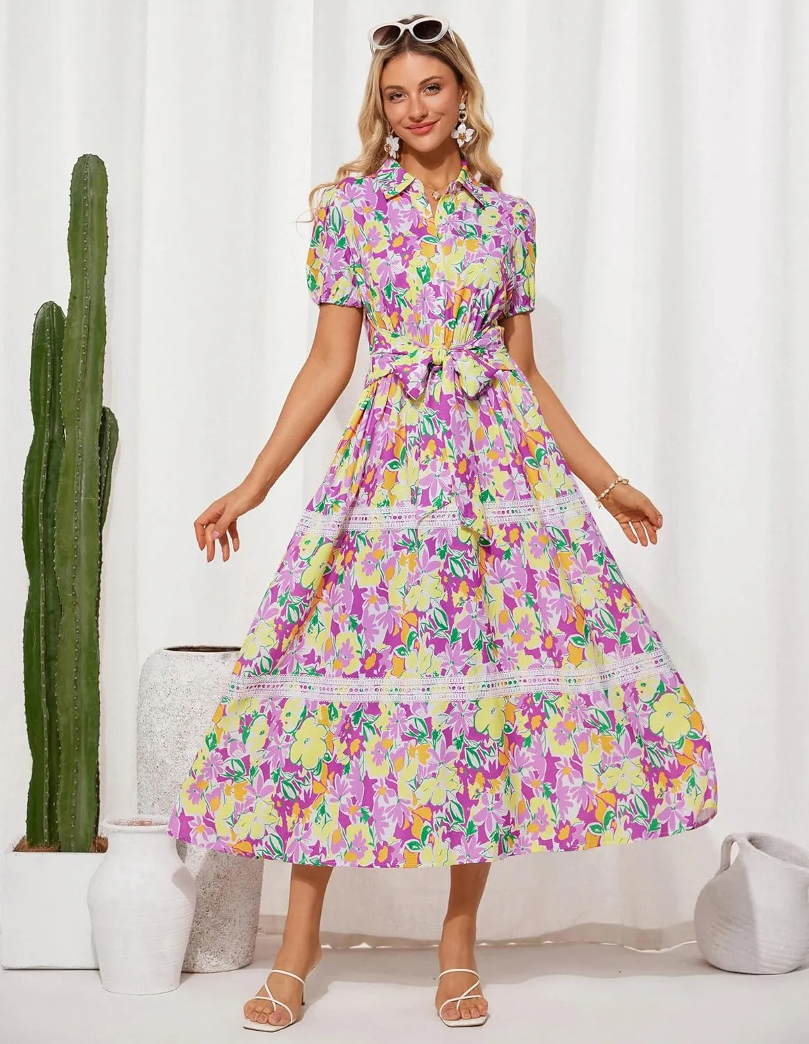 GRACE KARIN Women's 2025 Summer Floral Flowy Dresses Boho Tie Belt Short Puff Sleeve A Line Maxi Shirt Dress with Pocket