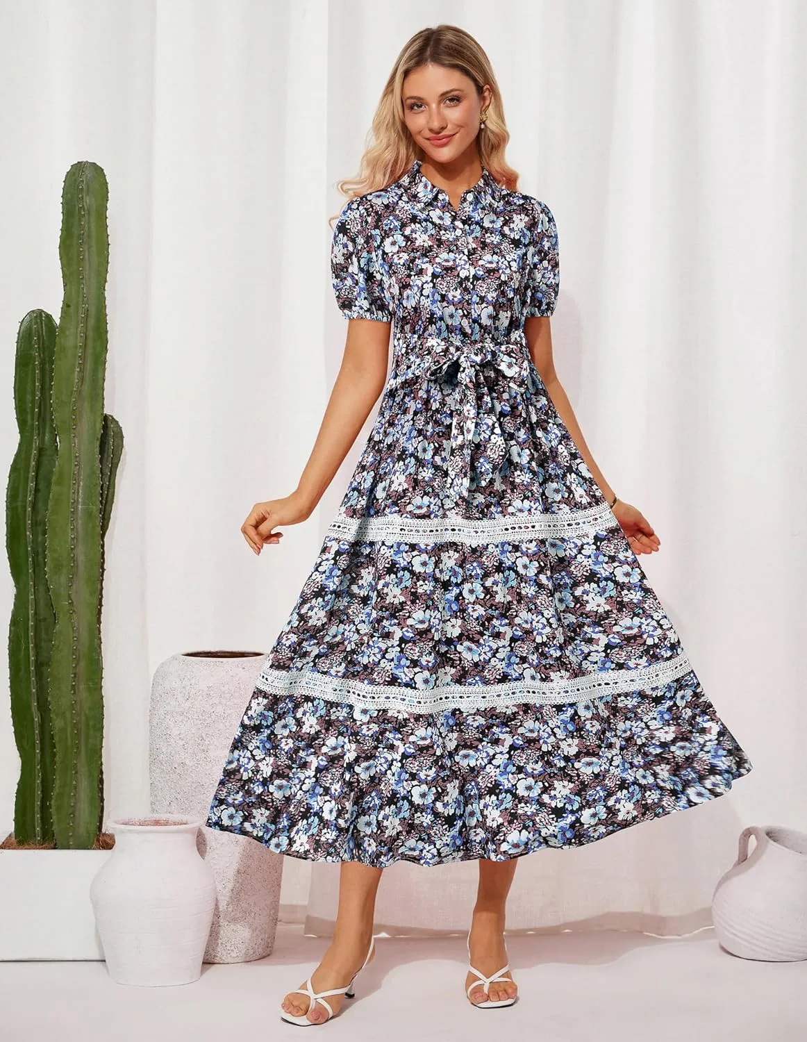 GRACE KARIN Women's 2025 Summer Floral Flowy Dresses Boho Tie Belt Short Puff Sleeve A Line Maxi Shirt Dress with Pocket