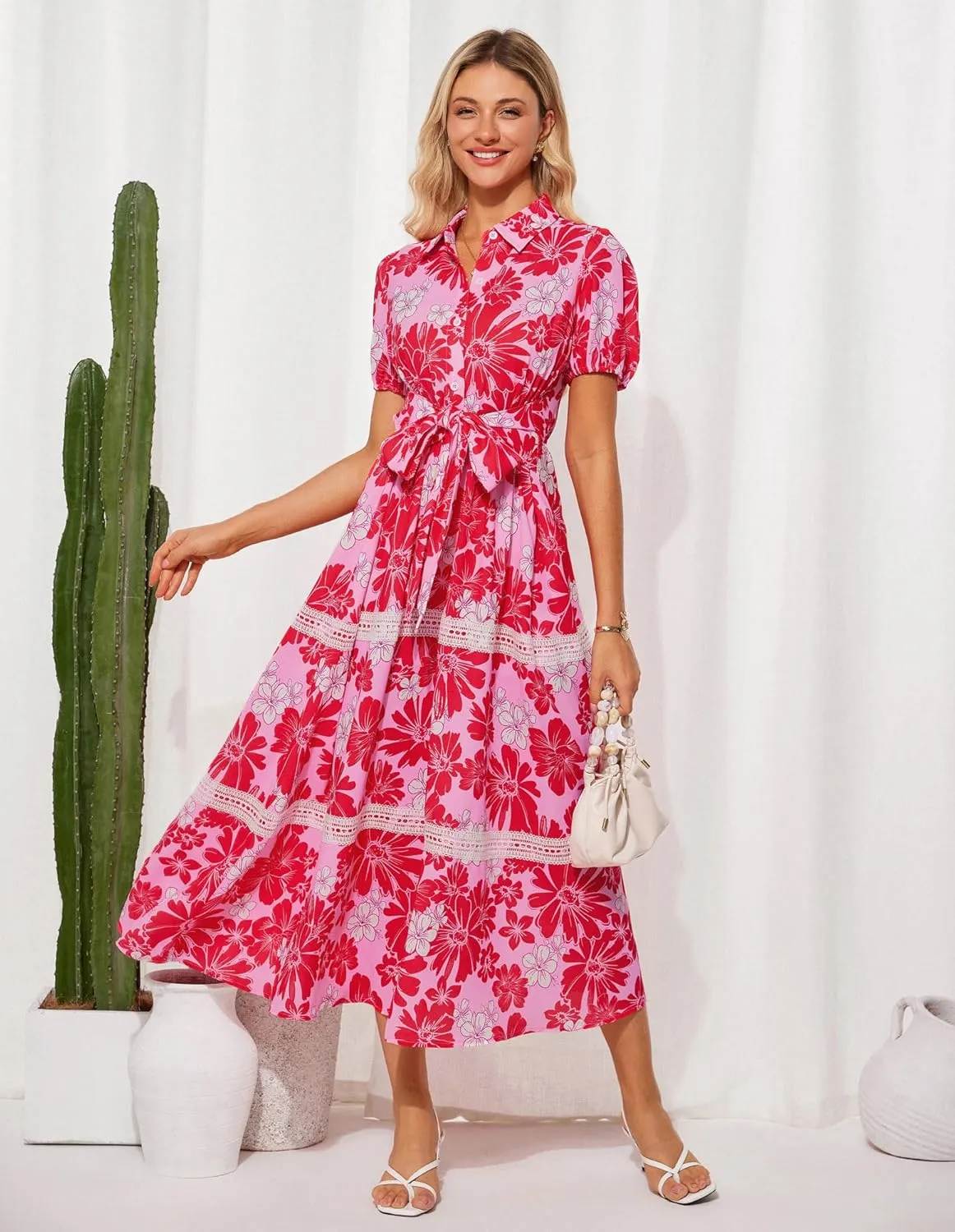 GRACE KARIN Women's 2025 Summer Floral Flowy Dresses Boho Tie Belt Short Puff Sleeve A Line Maxi Shirt Dress with Pocket