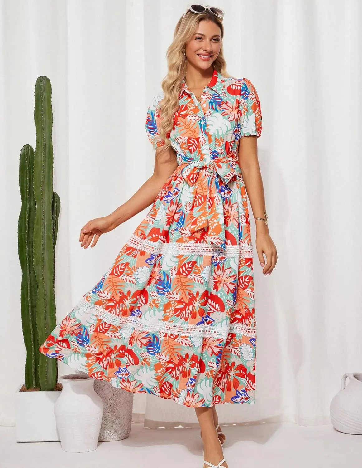 GRACE KARIN Women's 2025 Summer Floral Flowy Dresses Boho Tie Belt Short Puff Sleeve A Line Maxi Shirt Dress with Pocket