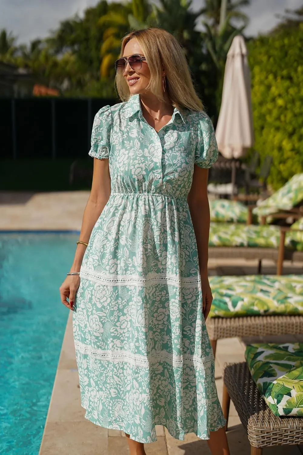 GRACE KARIN Women's 2025 Summer Floral Flowy Dresses Boho Tie Belt Short Puff Sleeve A Line Maxi Shirt Dress with Pocket