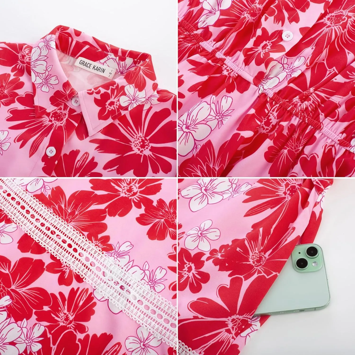 GRACE KARIN Women's 2025 Summer Floral Flowy Dresses Boho Tie Belt Short Puff Sleeve A Line Maxi Shirt Dress with Pocket