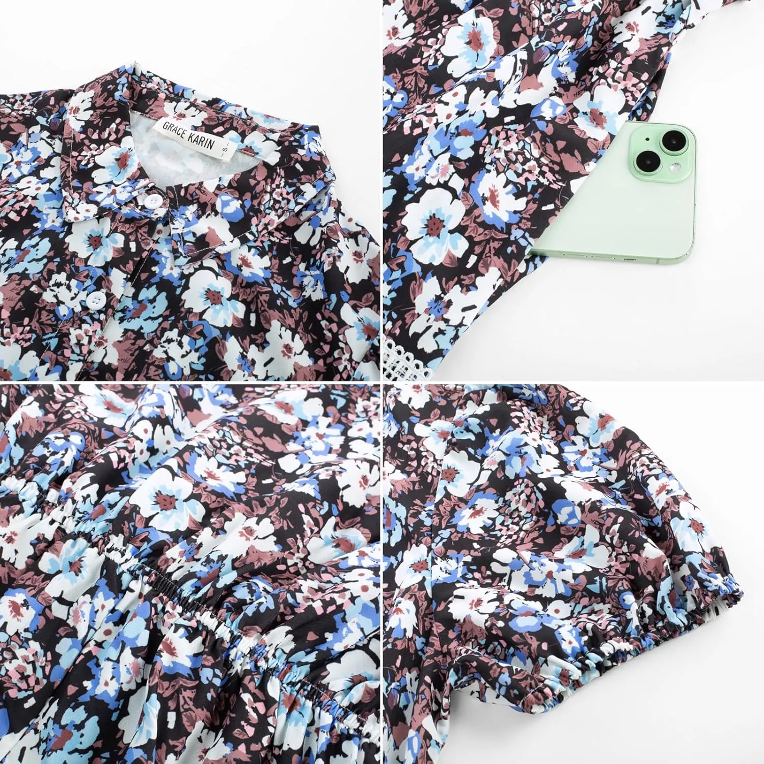 GRACE KARIN Women's 2025 Summer Floral Flowy Dresses Boho Tie Belt Short Puff Sleeve A Line Maxi Shirt Dress with Pocket
