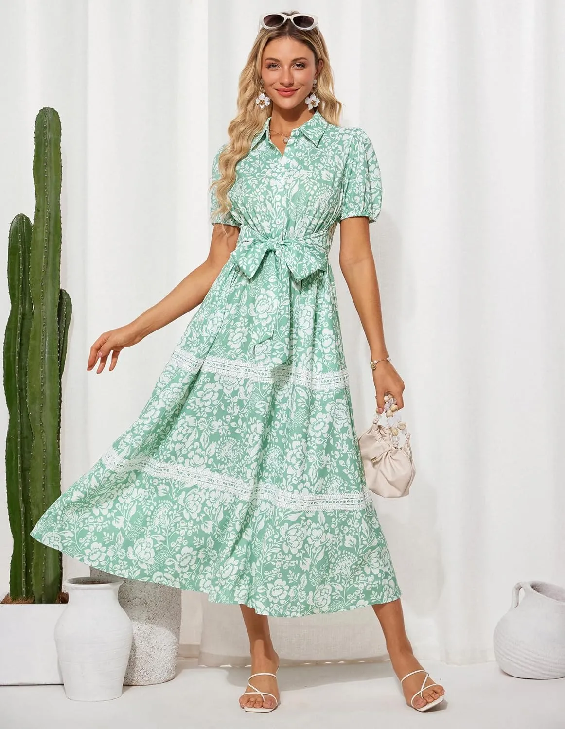 GRACE KARIN Women's 2025 Summer Floral Flowy Dresses Boho Tie Belt Short Puff Sleeve A Line Maxi Shirt Dress with Pocket